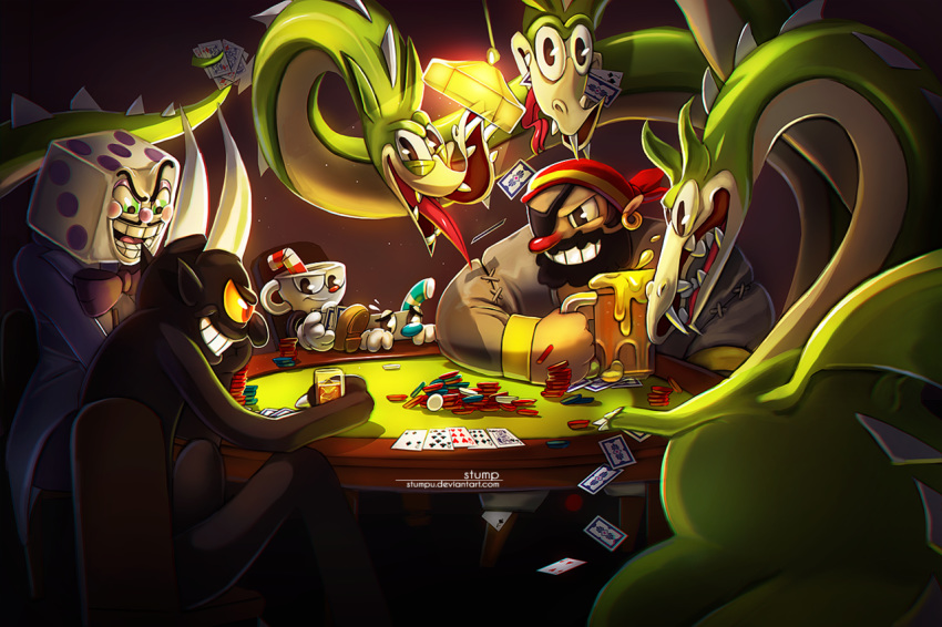 2018 alcohol animate_inanimate beverage captain_brineybeard cuphead_(character) cuphead_(game) demon dragon for_a_head furniture grim_matchstick group horn human humanoid king_dice male mammal mugman mythological_creature mythological_scalie mythology object_head pirate scalie signature stumpu table tail the_devil_(cuphead)