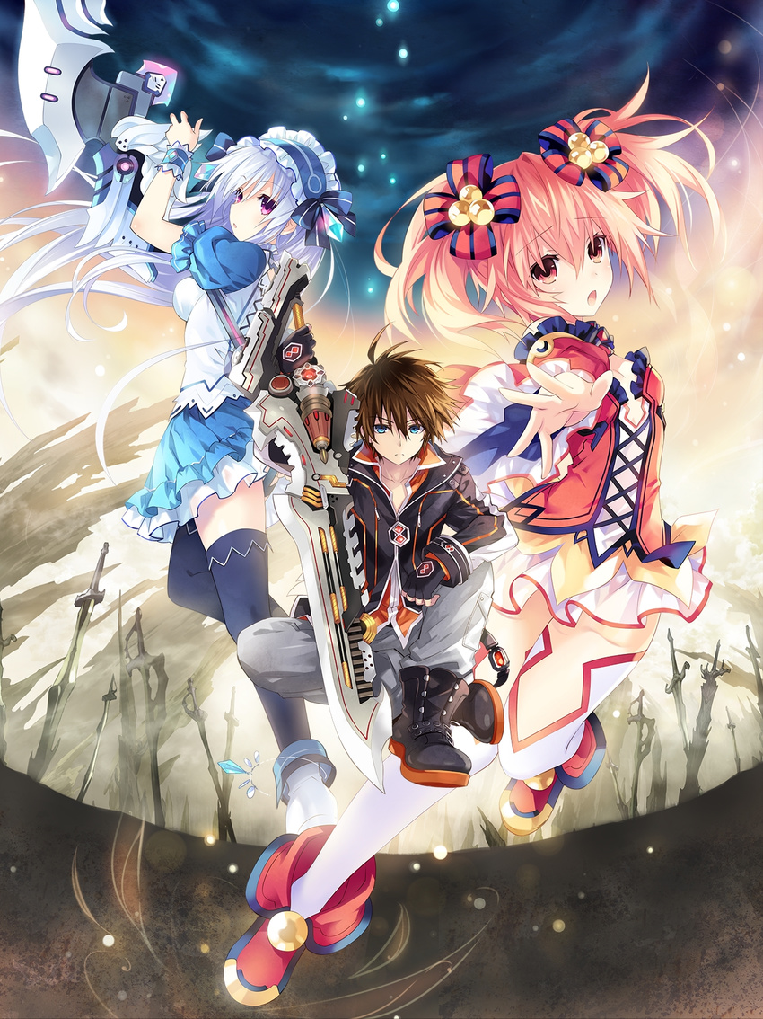 1boy 2girls alyn_(fairy_fencer_f) black_bow black_bowtie blue_eyes blue_hair bow bowtie breasts brown_hair chains cleavage detached_collar fairy_fencer_f fang_(fairy_fencer_f) hairband highres holding holding_sword holding_weapon lolita_fashion lolita_hairband looking_at_viewer medium_breasts multiple_girls night night_sky official_art open_mouth purple_eyes red_eyes red_hair sitting sky small_breasts sword thighhighs tiara_(fairy_fencer_f) tsunako weapon white_legwear wrist_cuffs zettai_ryouiki