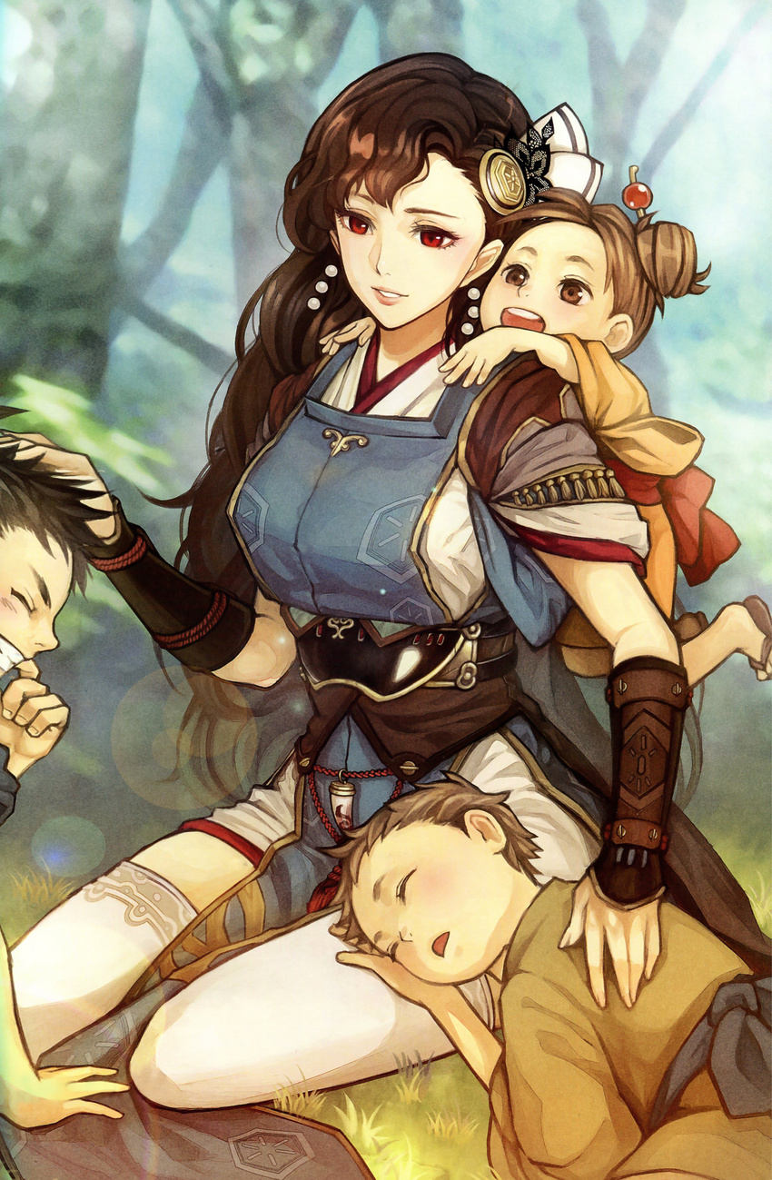 benizuki_(toukiden) breasts brown_hair earrings hair_ornament japanese_clothes large_breasts long_hair red_eyes thighhighs toukiden toukiden_2 white_legwear