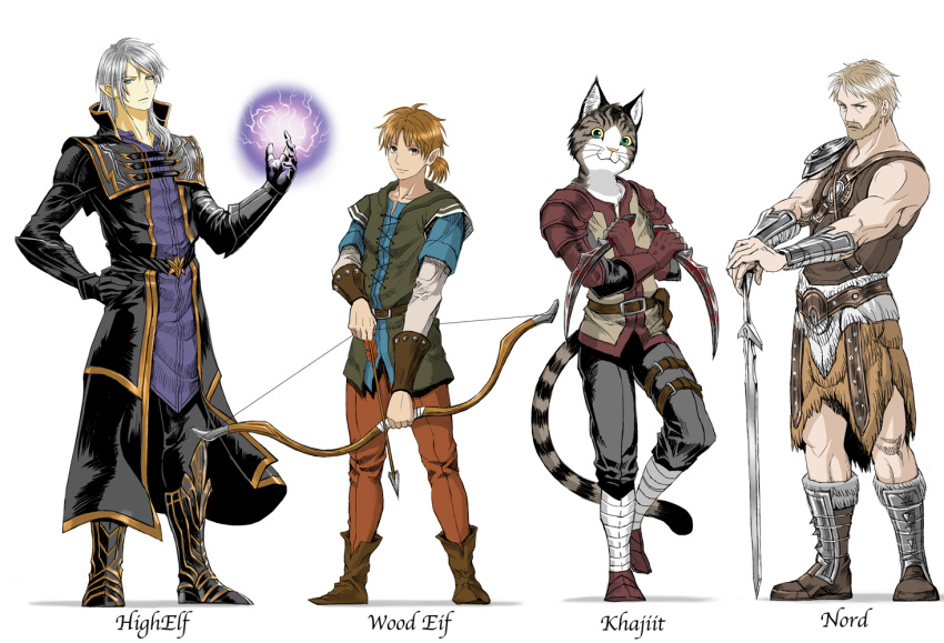 4boys bow_and_arrow elf feline high_elf khajiit magic multiple_boys nord pointy_ears sword the_elder_scrolls the_elder_scrolls_v:_skyrim weapon white_hair wood_elf