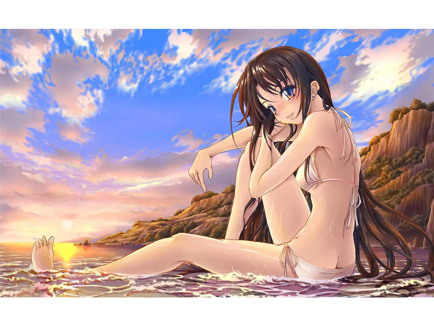 back barefoot beach bikini blush brown_hair butt_crack cloud commentary_request day earrings female highres jewelry lips long_hair looking_back naka_(nicovideo14185763) ocean original outdoors parted_lips partially_submerged photoshop_(medium) purple_eyes shiny_skin side-tie_bikini_bottom sitting sky smile solo swimsuit wet white_bikini