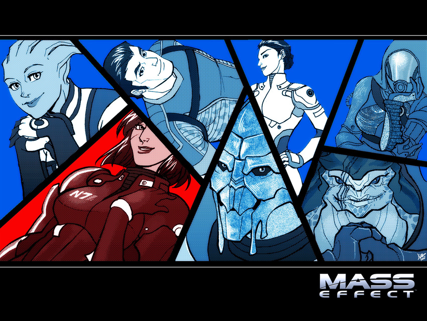 3boys 4girls aimo alien armor asari_(mass_effect) ashley_williams blue_skin colored_skin commander_shepard commander_shepard_(female) copyright_name cracking_knuckles everyone fewer_digits garrus_vakarian head_rest highres kaidan_alenko krogan liara_t'soni mass_effect_(series) mass_effect_1 multiple_boys multiple_girls n7_armor quarian scar short_hair smile tali'zorah turian urdnot_wrex