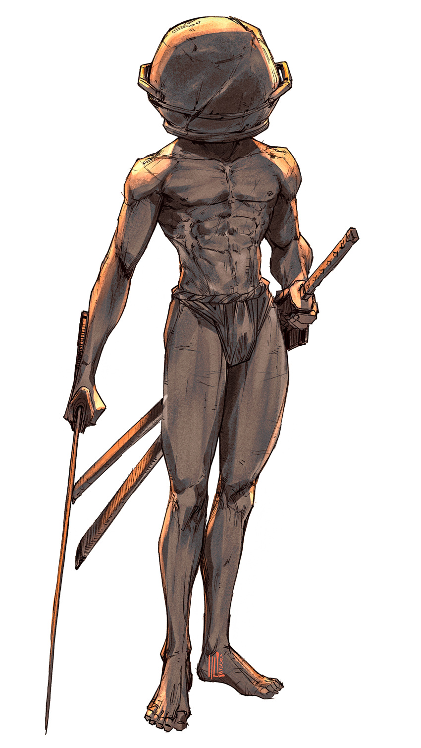 1boy abs absurdres barefoot covered_face david_liu dual_wielding elden_ring english_commentary facing_viewer full_body fundoshi hand_on_hilt highres holding holding_sword holding_weapon japanese_clothes katana let_me_solo_her male_focus manly muscular muscular_male pot_on_head scabbard sheath solo standing sword tarnished_(elden_ring) weapon white_background