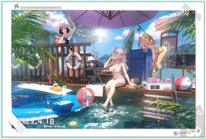 1boy 3d_background 4girls absurdres akashi_(azur_lane) azur_lane ball beachball bikini camera can cellphone chinese_commentary coca-cola commander_(azur_lane) commentary_request cooler dated day drink_can duca_degli_abruzzi_(azur_lane) duca_degli_abruzzi_(lustrous_onyx_sirenetta)_(azur_lane) giuseppe_garibaldi_(azur_lane) hat highres horns manjuu_(azur_lane) multiple_girls noshiro_(azur_lane) noshiro_(unwinding_in_the_sunshine)_(azur_lane) official_alternate_costume one-piece_swimsuit oni_horns outdoors phone plymouth_(azur_lane) plymouth_(heart-throbbing_refreshment)_(azur_lane) product_placement smartphone soda_bottle soda_can surfboard swimsuit ta03545