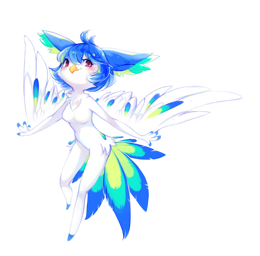 1_toe 2017 4_fingers aishasoup anthro avian beak bird blue_hair blush breasts chest_tuft feathers female fingers fur hair hi_res inner_ear_fluff multicolored_body multicolored_feathers perico pose red_eyes simple_background solo tuft white_background white_body white_fur