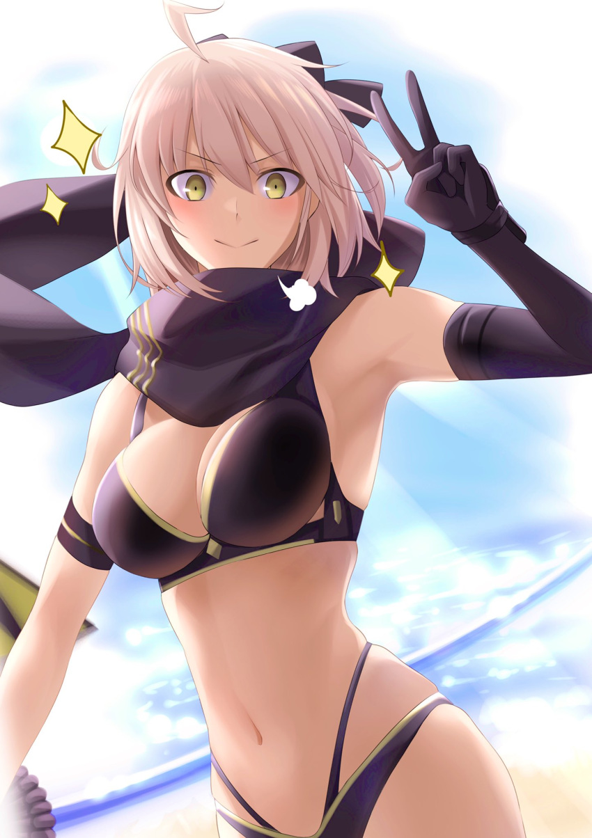 ahoge asymmetrical_gloves bad_id bad_pixiv_id bikini black_bikini black_bow black_gloves black_scarf blonde_hair blue_sky blush bow breasts closed_mouth fate/grand_order fate_(series) female gloves hairbow half_updo hand_up highleg highleg_bikini highres katana layered_bikini looking_at_viewer navel okita_j._souji_(fate) okita_j._souji_(first_ascension)_(fate) okita_souji_(fate) scarf short_hair single_glove sky smile sparkle swimsuit sword takagi_mitsukuni uneven_gloves v weapon yellow_eyes