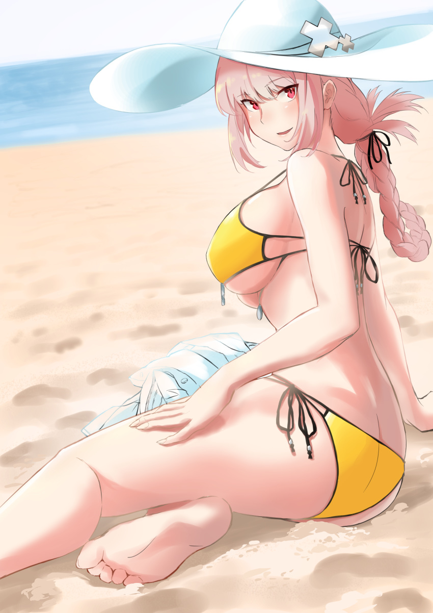 absurdres ass back bad_id bad_pixiv_id bare_shoulders barefoot beach bikini blush braid breasts chikoku_no_oni fate/grand_order fate_(series) feet female florence_nightingale_(chaldea_lifesavers)_(fate) florence_nightingale_(fate) folded_ponytail halterneck hat highres large_breasts legs long_hair looking_at_viewer outdoors pink_hair red_eyes sand shirt single_braid smile soles string_bikini sun_hat swimsuit toes underboob unworn_shirt white_headwear white_shirt yellow_bikini