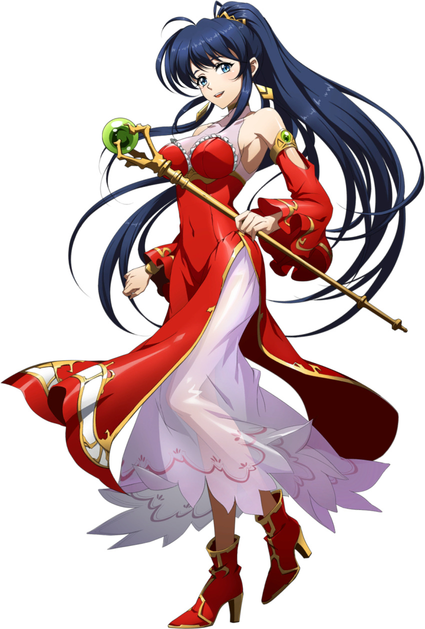 :d aged_down armlet blue_eyes blue_hair blush breasts collarbone detached_sleeves dress female floating_hair full_body hair_ornament high_heels high_ponytail highres holding holding_staff jessica_(langrisser) langrisser large_breasts layered_dress long_dress long_hair long_sleeves official_art red_dress red_footwear red_sleeves see-through sleeveless sleeveless_dress smile solo staff standing third-party_source transparent_background turtleneck very_long_hair