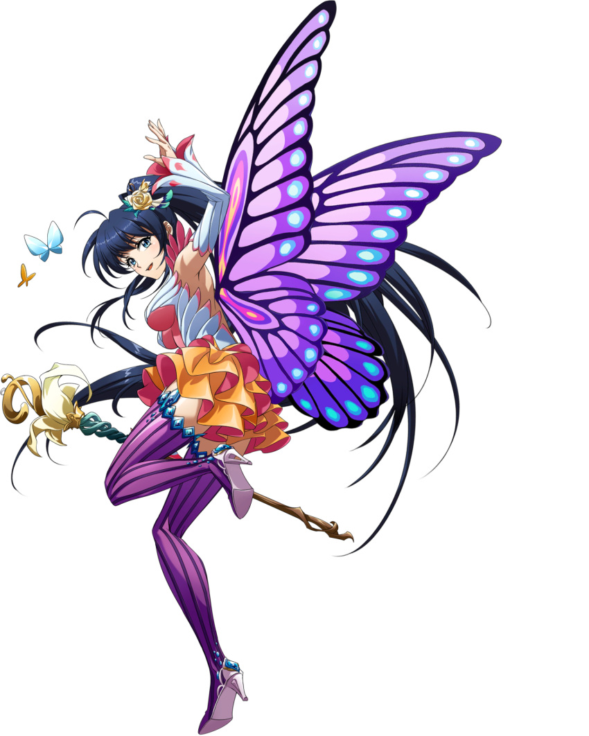 backless_outfit blue_hair bug butterfly butterfly_wings detached_sleeves female floating_hair flower full_body hair_flower hair_ornament high_heels highres holding holding_staff insect_wings jessica_(langrisser) langrisser layered_skirt leg_up long_hair long_sleeves looking_at_viewer miniskirt official_art ponytail purple_thighhighs rose skirt solo staff striped_clothes striped_thighhighs thighhighs third-party_source transparent_background vertical-striped_clothes vertical-striped_thighhighs very_long_hair white_sleeves wings yellow_flower yellow_rose zettai_ryouiki