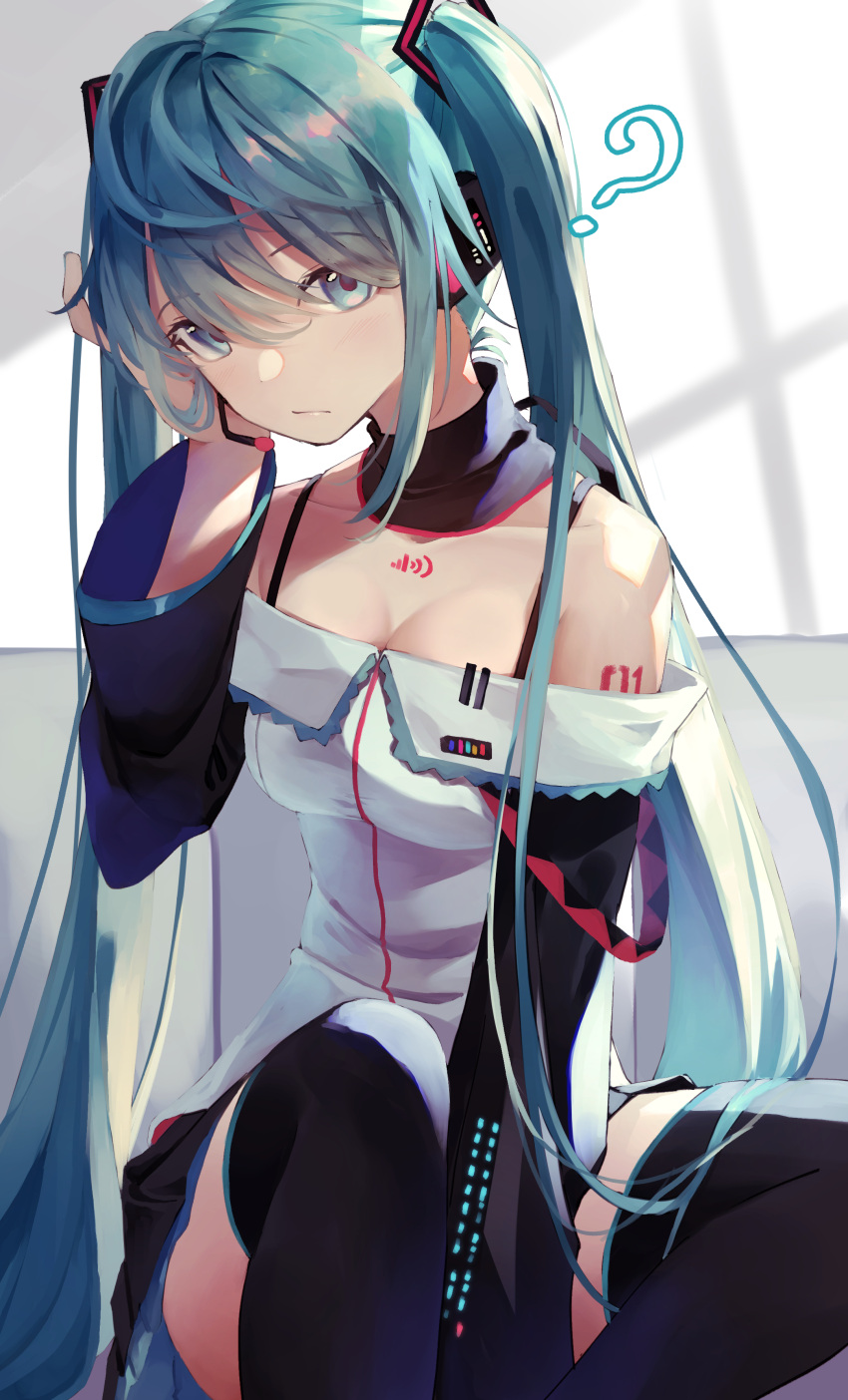 200f_(nifu) ? absurdres adapted_costume aqua_eyes aqua_hair aqua_nails arm_between_legs bare_shoulders black_collar black_skirt black_sleeves black_thighhighs breasts chest_tattoo cleavage collar commentary detached_collar detached_sleeves female hair_ornament hand_on_own_head hand_up hatsune_miku headphones headset highres indoors long_hair looking_at_viewer miniskirt nail_polish pleated_skirt shirt shoulder_tattoo sitting skirt sleeveless sleeveless_shirt solo spaghetti_strap tattoo thighhighs twintails very_long_hair vocaloid white_shirt wi-fi_symbol window_shadow zettai_ryouiki