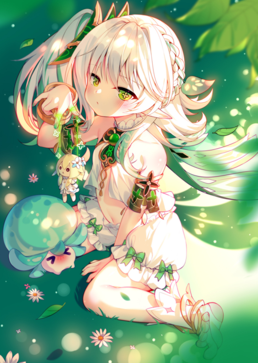 >_< 2girls :x arm_support bare_shoulders bloomers blurry blurry_background blush bow bow_bloomers bracelet braid closed_mouth commentary_request cross-shaped_pupils dot_mouth flower full_body fungi_(genshin_impact) genshin_impact gold_trim green_background green_bow green_eyes gu_gu_da_mo_wang hair_between_eyes hair_flower hair_ornament highres jewelry leaf leaf_hair_ornament long_hair looking_at_viewer lumine_(genshin_impact) multiple_girls nahida_(genshin_impact) navel pointy_ears side_ponytail sitting sleeveless stirrup_footwear symbol-shaped_pupils toeless_footwear underwear wariza white_bloomers white_flower white_footwear white_hair