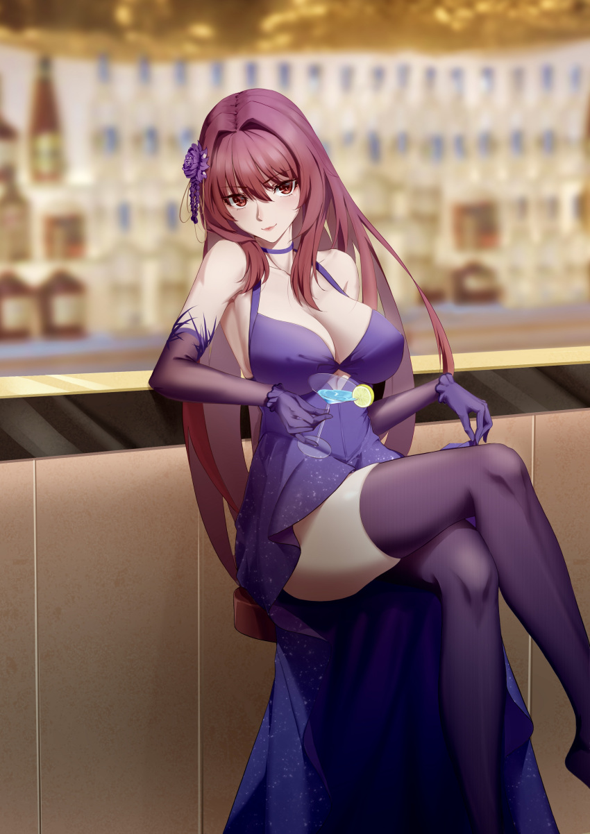 absurdres akilv bar_(place) bar_stool blurry blurry_background breasts choker cleavage closed_mouth cocktail_glass commentary crossed_legs cup dress drink drinking_glass elbow_gloves fate/grand_order fate_(series) female flower food fruit gloves hair_between_eyes hair_flower hair_ornament highres holding holding_cup indoors large_breasts lemon lemon_slice lips long_hair looking_at_viewer purple_dress purple_flower purple_gloves purple_hair purple_thighhighs red_eyes revision scathach_(fate) scathach_(formal_dress)_(fate) sidelocks sitting smile solo stool thighhighs