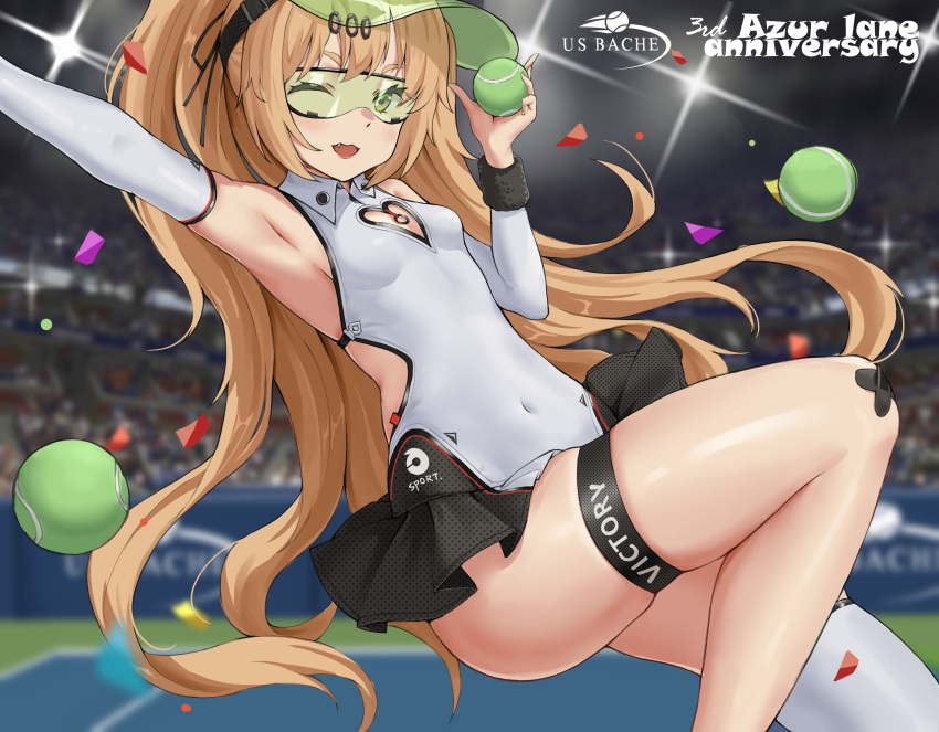 ;d absurdres armpits azur_lane bache_(azur_lane) bache_(showy_sports_star)_(azur_lane) ball bare_shoulders blonde_hair blurry blush breasts cleavage_cutout clothing_cutout covered_navel depth_of_field detached_sleeves diffraction_spikes female goggles goggles_on_head green-tinted_eyewear green_eyes hand_up heart_cutout highres holding holding_ball leotard long_hair looking_at_viewer oerba_yun_fang official_alternate_costume one_eye_closed open_mouth outstretched_arm ponytail purple_eyes qianqiu_wanxia side_cutout single_thighhigh skindentation small_breasts smile solo sportswear stadium tennis_ball tennis_court tennis_dress tennis_uniform thigh_strap thighhighs thighs tinted_eyewear twintails very_long_hair visor_cap white_leotard white_thighhighs