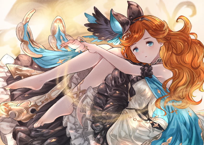 anklet barefoot blue_eyes cloak curled_up curly_hair dress feet female fetal_position granblue_fantasy hairband highres hugging_own_legs jewelry kidojiru knees_to_chest long_hair looking_at_viewer lying on_side orange_hair sara_(granblue_fantasy) solo