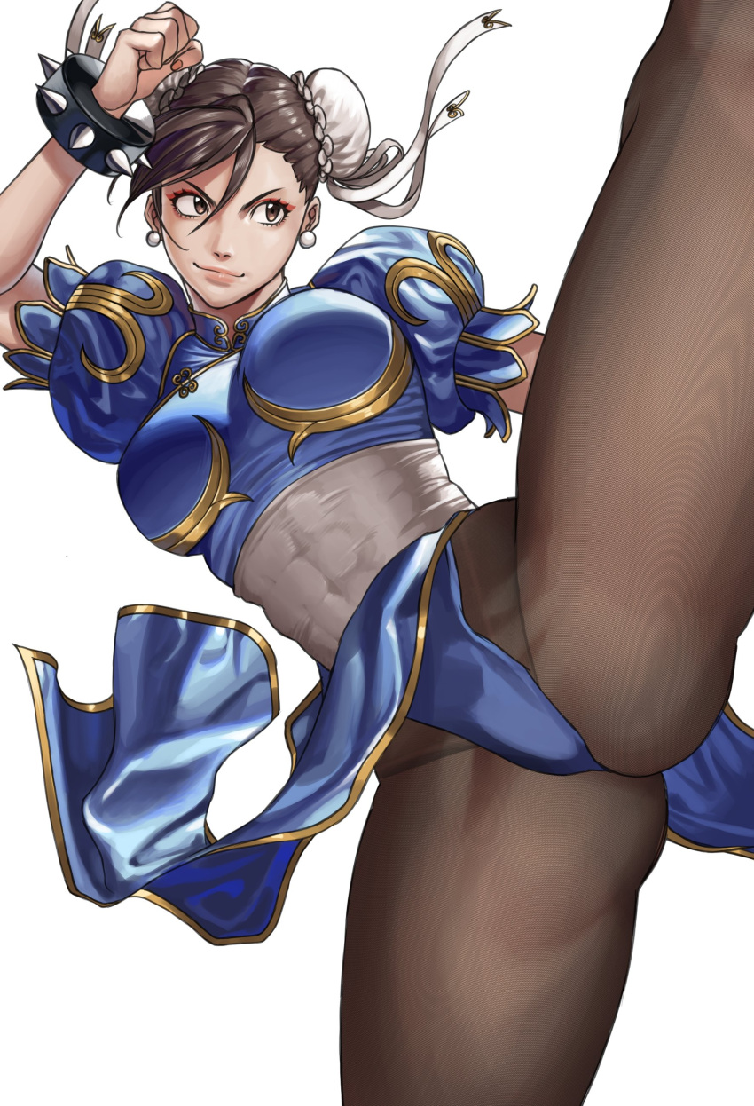 absurdres arm_up blue_dress bracelet breasts brown_eyes brown_hair bun_cover china_dress chinese_clothes chun-li commentary covered_abs double_bun dress earrings english_commentary female hair_bun hanny_(uirusu_chan) highres jewelry large_breasts leotard leotard_peek moire pantyhose pelvic_curtain puffy_short_sleeves puffy_sleeves ribbon short_sleeves simple_background smile solo spiked_bracelet spikes spread_legs street_fighter white_background white_ribbon