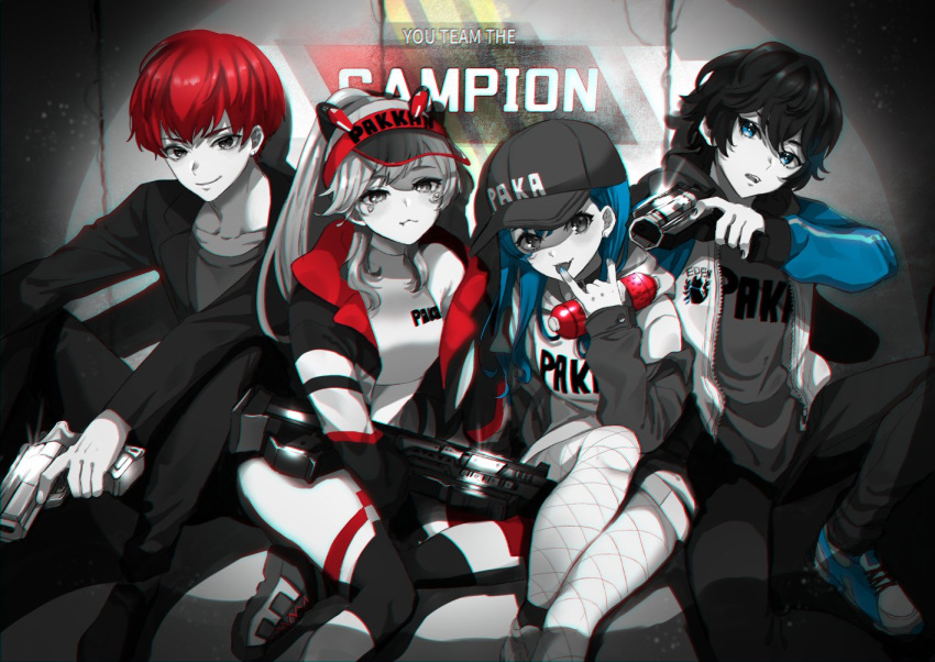 2boys 2girls \m/ apex_legends axia_krone b3_wingman blue_hair blue_nails collarbone cpt_(crazy_raccoon) crazy_raccoon crop_top energy_gun english_text engrish_text explosive fishnets grenade gun hair_behind_ear handgun holding holding_grenade holding_gun holding_weapon hood hoodie isobe_mochi_(newromancerz) jacket komori_met komori_met_(2nd_costume) m1904_mastiff multiple_boys multiple_girls nanashi_inc. nijisanji nishizono_chigusa nishizono_chigusa_(2nd_costume) pants ponytail ranguage red_hair red_headwear revolver shotgun sitting smile spot_color thermite_grenade tongue tongue_out v_ap_art virtual_youtuber visor_cap weapon