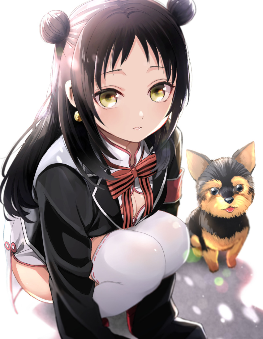 animal black_hair black_jacket bow breasts brown_eyes canine china_dress chinese_clothes cleavage cleavage_cutout clothing_cutout commentary_request dahlia_academy_boarding_school_uniform double_bun dress female forehead hair_bun highres jacket kishuku_gakkou_no_juliet long_hair long_sleeves looking_at_viewer natsupa open_clothes open_jacket parted_lips red_bow ribbon-trimmed_legwear ribbon_trim school_uniform sleeves_past_fingers sleeves_past_wrists small_breasts solo squatting striped striped_bow thighhighs wang_teria white_dress white_thighhighs