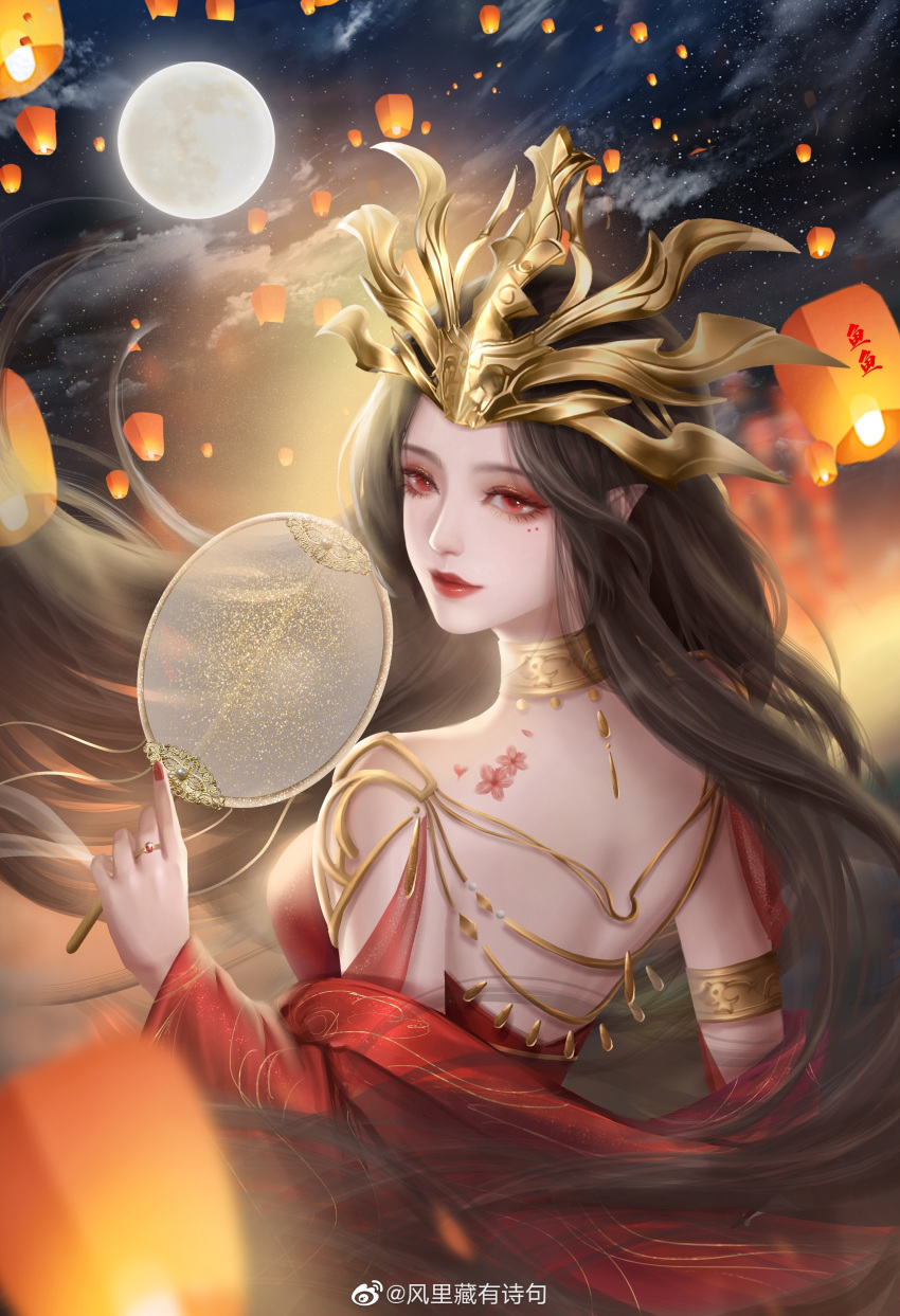 absurdres bare_back black_hair cai_lin_(doupo_cangqiong) doupo_cangqiong female feng_li_cang_you_shiju hair_ornament hand_fan highres jewelry lantern long_hair looking_back moon night night_sky red_eyes ring sky solo