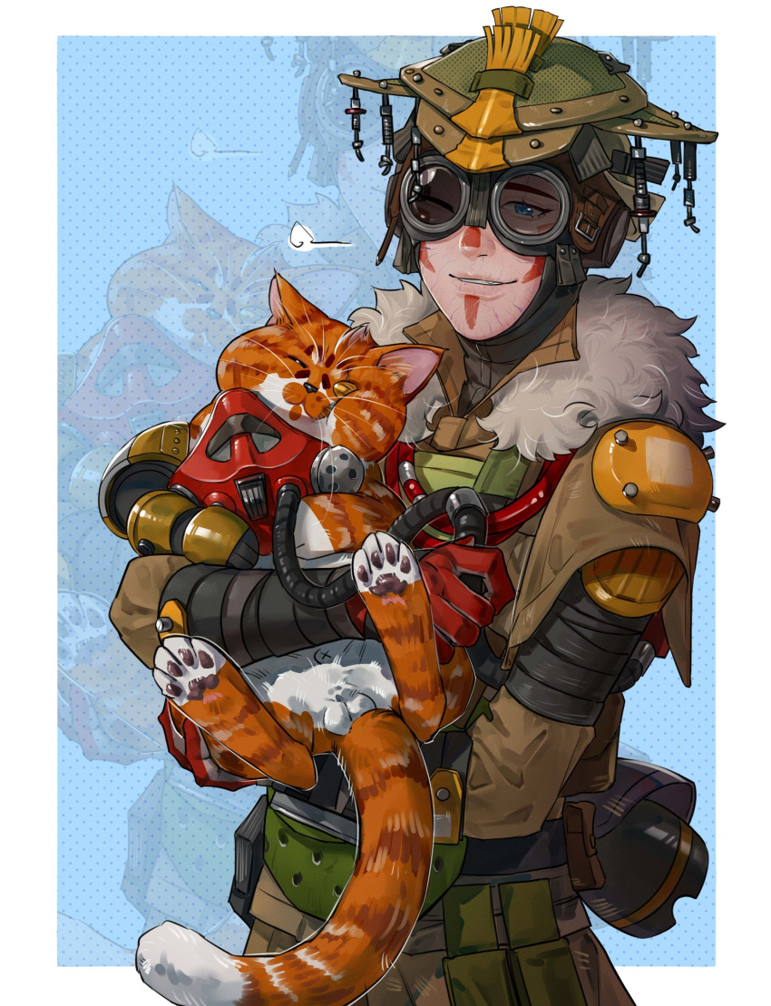 animal animalization animification apex_legends black_sweater bloodhound_(apex_legends) blue_background border brown_jacket brown_pants cable cat_testicles chinese_commentary chongmingggg commentary_request facepaint feline female fur-trimmed_jacket fur_trim fuse_(apex_legends) genderswap_(otf) goggles green_headwear helmet highres holding holding_animal holding_cat jacket mechanical_legs one_eye_covered outside_border pants rebreather rule_63 scar single_mechanical_leg smile solo_focus sweater white_border x_anus zoom_layer