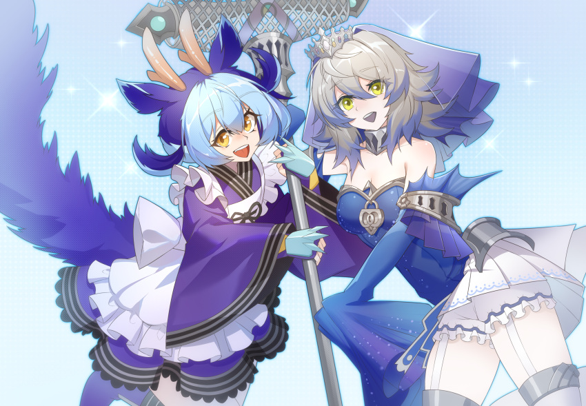 2girls absurdres bare_shoulders blue_dress blue_hair dragon_horns dress duel_monster grey_hair highres holding holding_staff horns laundry_dragonmaid long_sleeves maid multiple_girls open_mouth short_hair sleeves_past_wrists sparkle staff tail tearlaments_merrli teeth thighhighs tiara upper_body upper_teeth_only veil yellow_eyes yu-gi-oh! yutou_yutou_yu