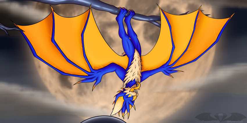 >:d 2022 2:1 anthro bat bat_wings belly blue_body blue_fur blue_hair branch cheek_tuft chin_tuft claws cloud darkoverord detailed_background digital_drawing_(artwork) digital_media_(artwork) facial_tuft fangs fauxhawk ferris_brubat first_person_view flashlight fluffy_chest fur glowing glowing_claws glowing_ears glowing_eyes glowing_hair glowing_nose glowing_pupils glowing_tongue glowing_veins hair hanging_by_feet hanging_from_branch head_tuft hi_res looking_at_viewer male mammal membrane_(anatomy) membranous_wings multicolored_hair night orange_body orange_eyes orange_fur orange_hair orange_membrane orange_moon orange_tongue solo supermoon tan_belly tan_body tan_fur teeth tongue tongue_out tuft two_tone_hair upside-down wings