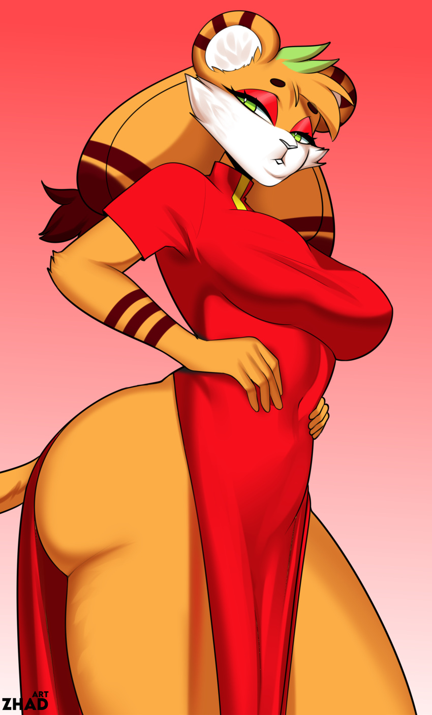 absurd_res anthro asian_clothing ass belly breasts chinese_clothing chinese_dress clothed clothing curvy_figure dou_(diives) dress east_asian_clothing elegant elegant_dress felid feline female heart_print_panties hi_res legwear mammal pantherine pinup pose red_clothing red_dress side_slit side_slit_clothing side_slit_dress solo thick_thighs thigh_highs tiger wide_hips xingzuo_temple zhadart