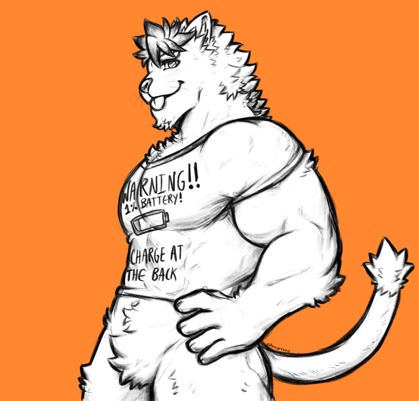 absurd_res anthro bottomless clothed clothing dynogreeno felid feline fur hands_on_hips hi_res male mammal muscular muscular_anthro muscular_male shirt simple_background solo tongue tongue_out topwear