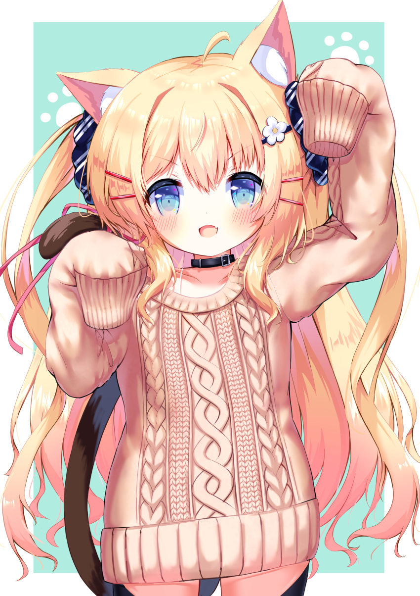 :d absurdres animal_ear_fluff animal_ears aran_sweater arm_up black_collar black_thighhighs blonde_hair blue_background blue_eyes blush brown_sweater cable_knit cat_ears cat_girl cat_tail collar collarbone commentary_request cowboy_shot female flower hair_between_eyes hair_flower hair_intakes hair_ornament hairclip hand_up highres long_hair long_sleeves looking_at_viewer original siera_(sieracitrus) sleeves_past_fingers sleeves_past_wrists smile solo sweater tail thighhighs two-tone_background two_side_up v-shaped_eyebrows very_long_hair white_background white_flower