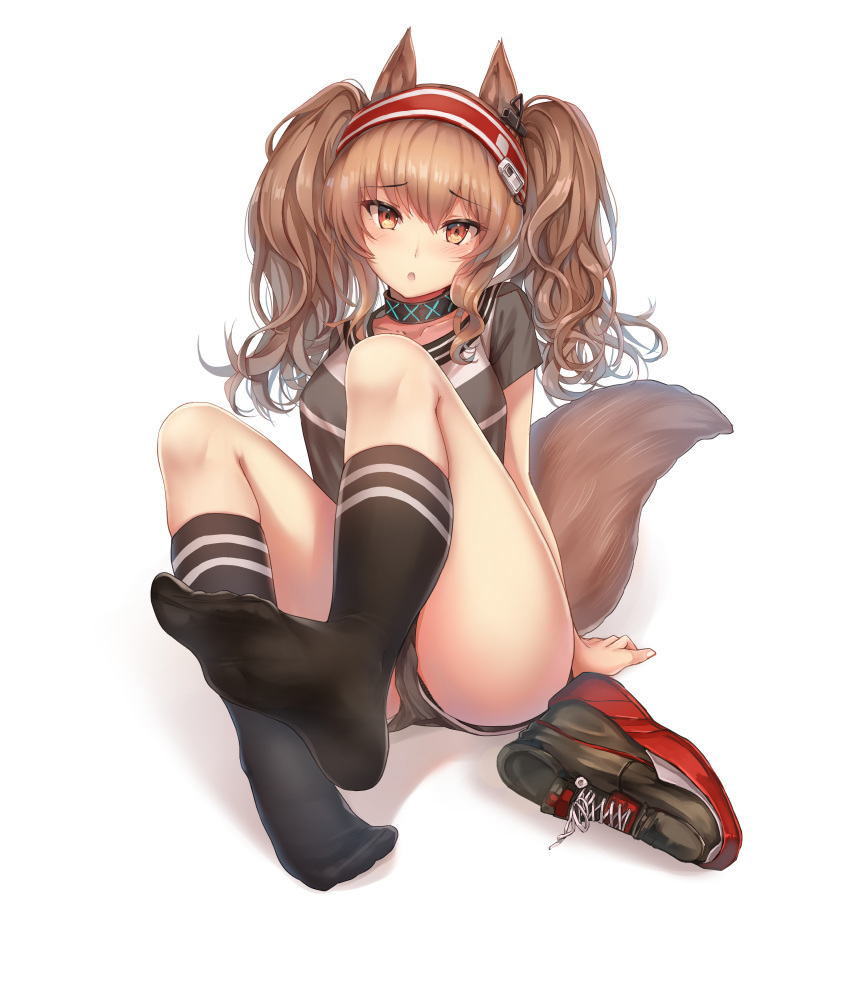 absurdres angelina_(arknights) animal_ears arknights arm_support ass black_choker black_shirt black_shorts black_socks breasts brown_eyes brown_hair choker collarbone commentary feet female foreshortening fox_ears fox_girl fox_tail highres knees_up long_hair looking_at_viewer micro_shorts no_shoes shadow shirt shoes short_sleeves shorts simple_background sitting skindentation socks solo tail thighs twintails unworn_shoes white_background yuemanhuaikong