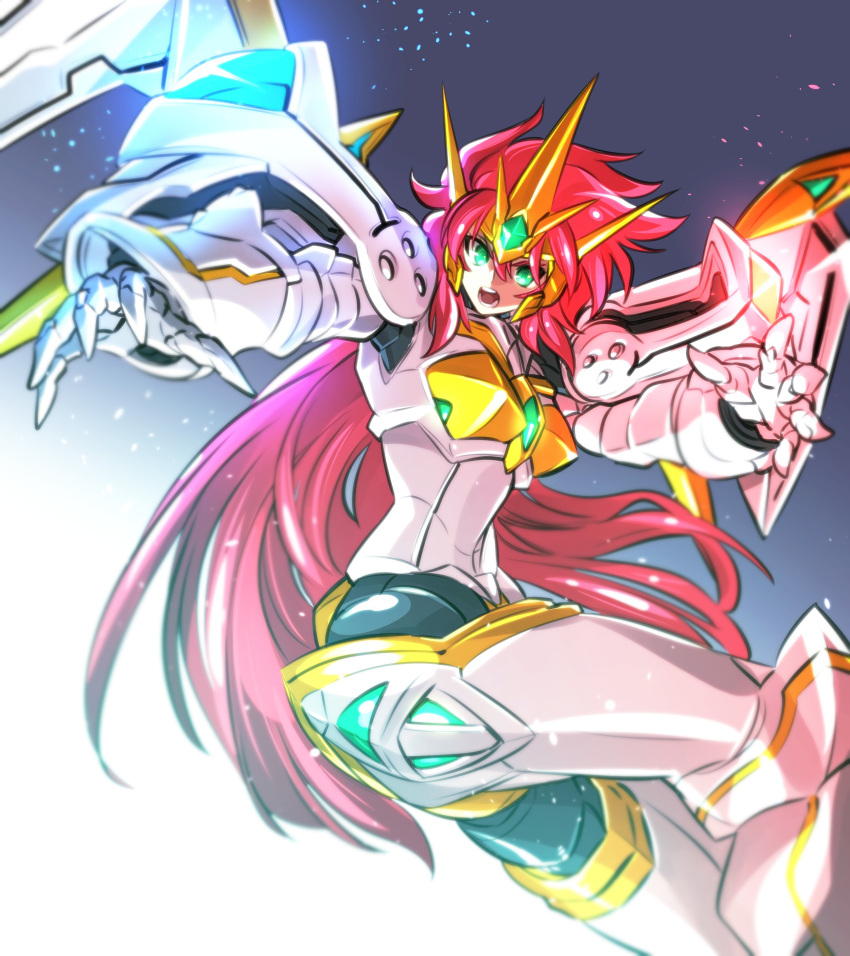 absurdres breasts commentary female gem glowing glowing_eyes gradient_background green_eyes green_gemstone highres ishiyumi long_hair looking_at_viewer looking_down mecha mecha_musume medium_breasts open_hands open_mouth red_hair robot science_fiction solo super_robot_wars super_robot_wars_original_generation valsione_r very_long_hair