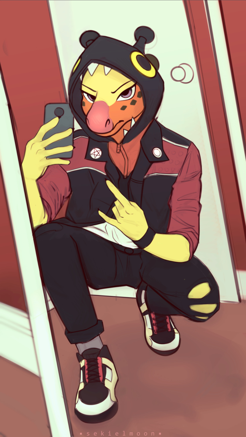 9:16 ambiguous_gender anthro cellphone clothed clothing electronics farigiraf generation_9_pokemon giraffid hi_res kneeling looking_at_viewer mammal mirror mirror_selfie nintendo phone pokemon pokemon_(species) pose sekielmoon selfie solo