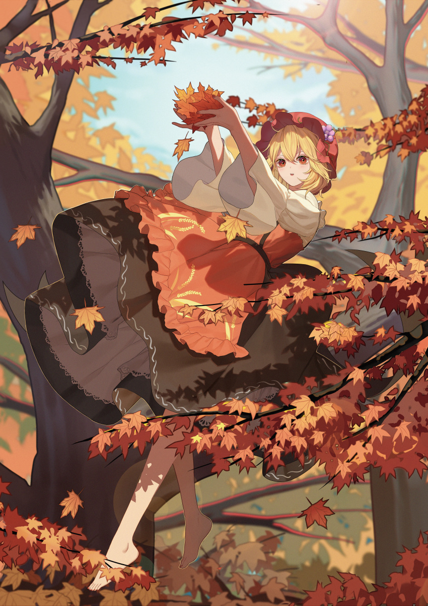 absurdres aki_minoriko autumn autumn_leaves barefoot blonde_hair blurry cupping_hands day depth_of_field dress falling_leaves female floating food forest fruit grapes hair_ornament hat hat_ornament highres holding holding_leaf houraisan_chouko in_tree layered_dress leaf leaf_hair_ornament long_sleeves maple_leaf mob_cap nature outstretched_arms own_hands_together parted_lips photoshop_(medium) red_hat short_hair sky solo touhou tree tree_shade wide_sleeves