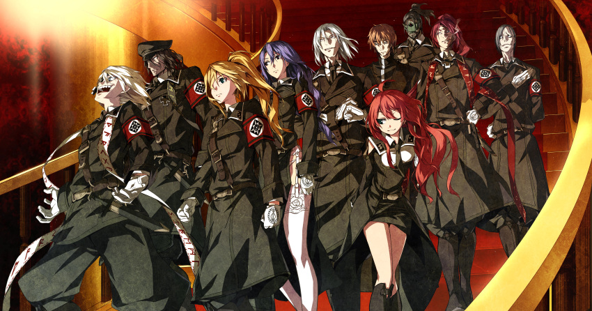 4girls 6+boys absurdres armband beatrice_waltrud_von_kircheisen black_hair blonde_hair blue_eyes brown_hair dies_irae eleonore_von_wittenburg expressionless eye_mask full_body g_yuusuke game_cg gloves goetz_von_berlichingen green_eyes hat highres laughing military military_uniform multicolored_hair multiple_boys multiple_girls non-web_source one_eye_closed peaked_cap purple_hair red_hair riza_brenner rot_spinne rusalka_schwagerin sakurai_kei scar scar_on_face shinza_bansho_series stairs two-tone_hair uniform waffen-ss white_gloves white_hair wilhelm_ehrenburg