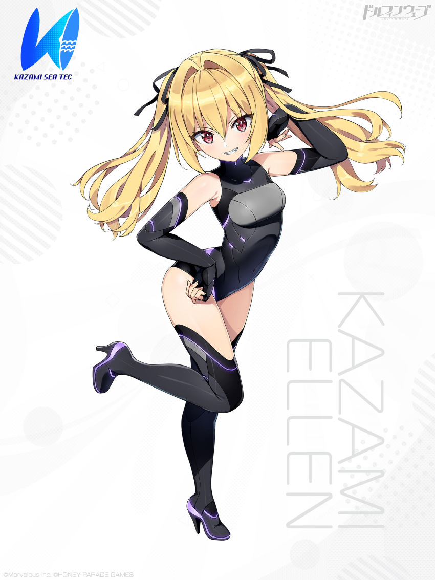 absurdres artist_request bare_shoulders black_footwear blonde_hair blush boots bow bowtie breasts character_name copyright_name dolphin_wave elbow_gloves female fingerless_gloves framed_breasts full_body gloves head_tilt high_heel_boots high_heels highleg highleg_leotard highres kazami_ellen kazami_uniform leg_up leotard logo long_hair looking_at_viewer neon_trim official_art ootomo_takuji parted_lips red_eyes shiny_skin simple_background sleeveless small_breasts smile teeth thigh_boots thighs turtleneck twintails