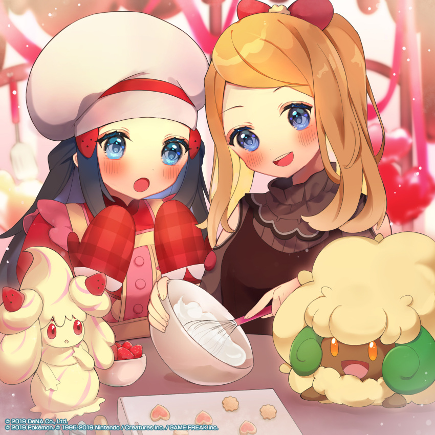 2girls :o alcremie alcremie_(strawberry_sweet) apron blue_eyes blush bow brown_dress buttons chikuwa chikuwa_(tikuwaumai_) commentary_request dawn_(palentine's_2021)_(pokemon) dawn_(pokemon) dress eyelashes facial_mark food fruit grey_headwear hairbow hat highres holding holding_whisk light_brown_hair mixing_bowl multiple_girls official_alternate_costume official_art open_mouth pokemon pokemon_(creature) pokemon_masters_ex red_bow serena_(palentine's_2021)_(pokemon) serena_(pokemon) smile strawberry teeth tongue whimsicott whisk whisker_markings whisking