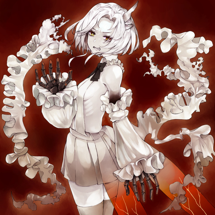 abyssal_jade_princess abyssal_ship asymmetrical_horns black_bow black_bowtie black_skin bow bowtie breasts clenched_teeth colored_skin detached_sleeves dress female frilled_sleeves frills gradient_skin highres horns kantai_collection kurou_(bcrow) pale_skin red_background ribs short_hair simple_background skeletal_hand sleeveless sleeveless_dress small_breasts solo teeth thighhighs white_dress white_hair white_skin yellow_eyes