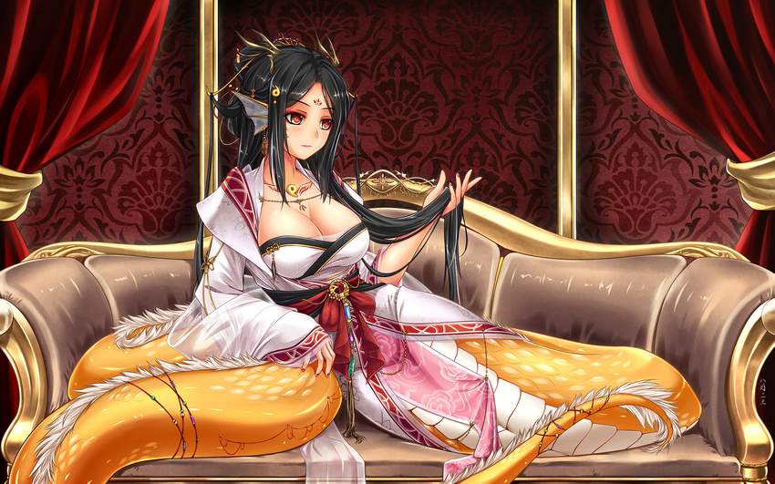 animal_hands black_hair breasts chinese_clothes chinese_commentary cleavage coiled commentary_request couch curtains eyeshadow facial_mark female fins forehead_mark hair_ornament hanfu head_fins highres holding holding_own_hair horns jewelry lamia large_breasts lips long_hair looking_to_the_side magatama makeup midnight_(banyex) monster_girl monster_girl_encyclopedia nail_polish pelvic_curtain photoshop_(medium) reclining red_eyes red_nails ryuu_(monster_girl_encyclopedia) solo tattoo