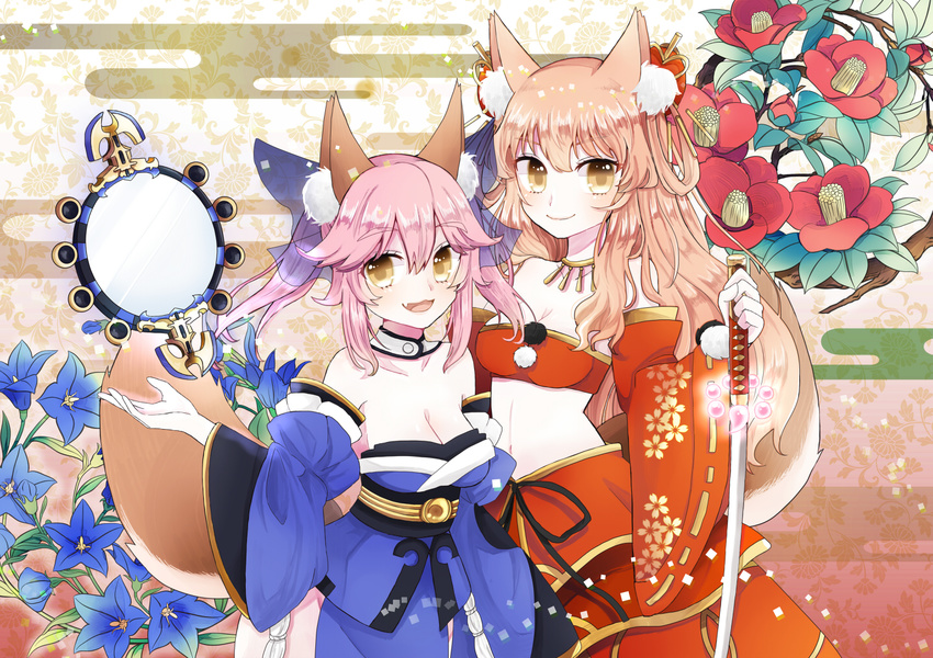 2girls animal_ear_fluff animal_ears bare_shoulders blonde_hair bow breasts cleavage collarbone commentary_request detached_sleeves fate/extra fate/extra_ccc fate/extra_ccc_fox_tail fate/grand_order fate_(series) flower fox_ears fox_tail hair_ribbon hairbow japanese_clothes katana large_breasts long_hair looking_at_viewer merokonbu0 mirror multiple_girls oerba_yun_fang open_mouth pink_hair ribbon smile suiten_nikkou_amaterasu_yanoshisu_ishi suzuka_gozen_(fate) suzuka_gozen_(third_ascension)_(fate) sword tail tamamo_(fate) tamamo_no_mae_(fate/extra) twintails weapon yellow_eyes