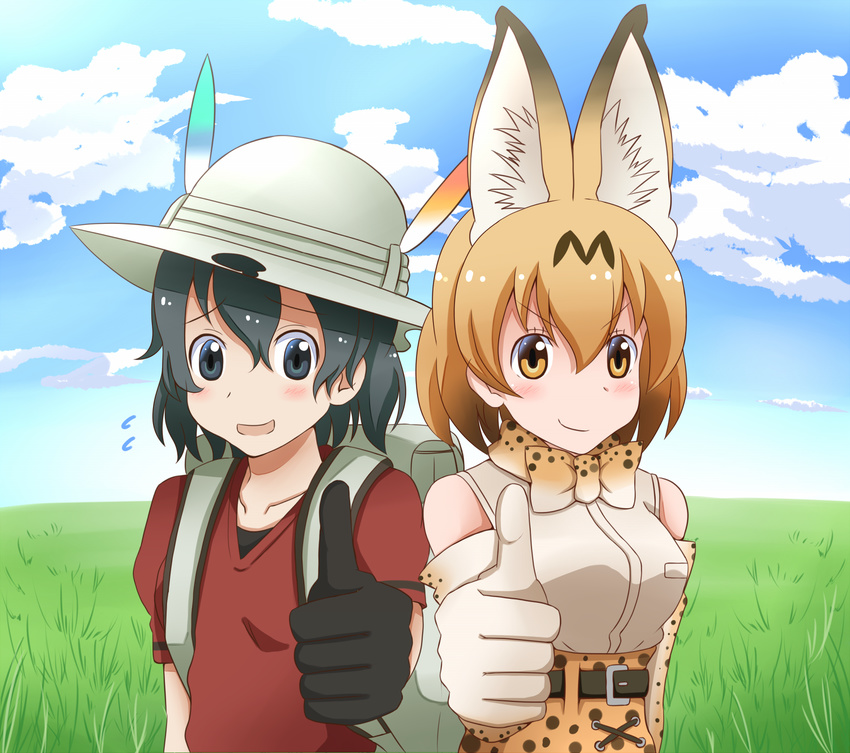 2girls animal_ears as_long_as_they're_happy_(meme) backpack bag belt black_eyes black_gloves black_hair blush bow bowtie breasts closed_mouth collarbone commentary_request elbow_gloves gloves hat helmet highres kaban_(kemono_friends) kemono_friends large_breasts looking_at_viewer meme multiple_girls orange_bow orange_bowtie orange_eyes orange_hair orange_skirt outdoors parted_lips pith_helmet print_bow print_bowtie red_shirt saibara_(flash-dyna-1994) serval_(kemono_friends) shirt short_hair skirt smile thumbs_up two-tone_bowtie white_bow white_bowtie white_gloves