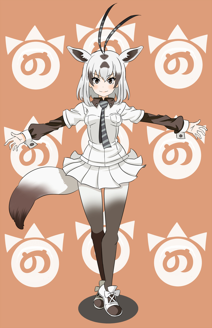 animal_ears antenna_hair arabian_oryx_(kemono_friends) bow breast_pocket breasts brown_eyes brown_hair brown_pantyhose closed_mouth collared_shirt commentary cross-laced_footwear diagonal_stripes dot_nose eyelashes eyes_visible_through_hair female footwear_bow full_body gazelle_ears gazelle_tail gradient_legwear grey_necktie hair_between_eyes highres japari_symbol kemono_friends layered_clothes long_sleeves looking_at_viewer miniskirt multicolored_clothes multicolored_hair multicolored_legwear necktie okuba open_hands orange_background outstretched_arms pantyhose pleated_skirt pocket puffy_long_sleeves puffy_sleeves shadow shirt shoes short_hair simple_background skirt sleeve_cuffs small_breasts smile solo spread_arms standing streaked_hair striped striped_necktie thigh_gap two-tone_hair white_bow white_footwear white_hair white_pantyhose white_skirt wing_collar