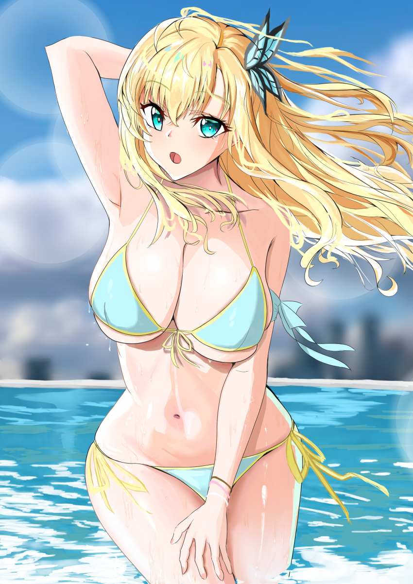 :o absurdres anti_kumo aqua_eyes armpits bikini blonde_hair blue_bikini blue_sky boku_wa_tomodachi_ga_sukunai breasts breasts_day butterfly_hair_ornament cleavage cloud commentary_request cowboy_shot day female front-tie_bikini_top front-tie_top good_breasts_day hair_ornament halterneck highres kashiwazaki_sena large_breasts looking_at_viewer navel outdoors pool side-tie_bikini_bottom sky solo string_bikini swimsuit wading water wet