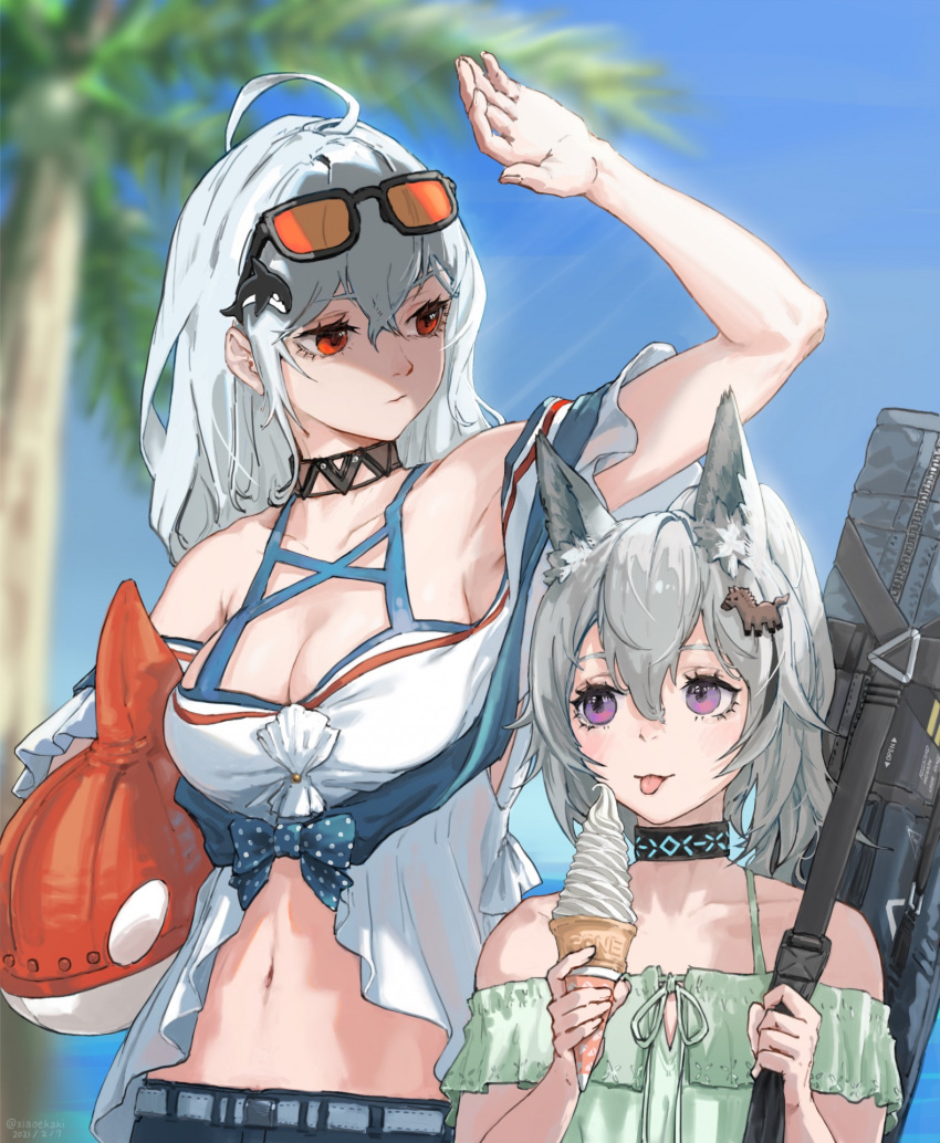 2girls :p ahoge animal_ears arknights arm_up armpits bag bare_shoulders black_choker blue_bow blue_sky bow breasts choker cleavage collar collarbone day eyewear_on_head food grani_(arknights) green_shirt grey_hair hair_between_eyes height_difference highres holding holding_food horse_ears horse_girl horse_hair_ornament ice_cream ice_cream_cone infection_monitor_(arknights) inflatable_orca inflatable_toy long_hair looking_away looking_to_the_side medium_breasts multiple_girls navel off-shoulder_shirt off_shoulder official_alternate_costume orange-tinted_eyewear orca_hair_ornament outdoors palm_tree polka_dot polka_dot_bow ponytail purple_eyes red_eyes shading_eyes shirt skadi_(arknights) skadi_(waverider)_(arknights) sky smile stomach sunglasses tinted_eyewear tongue tongue_out tree white_hair xia_oekaki