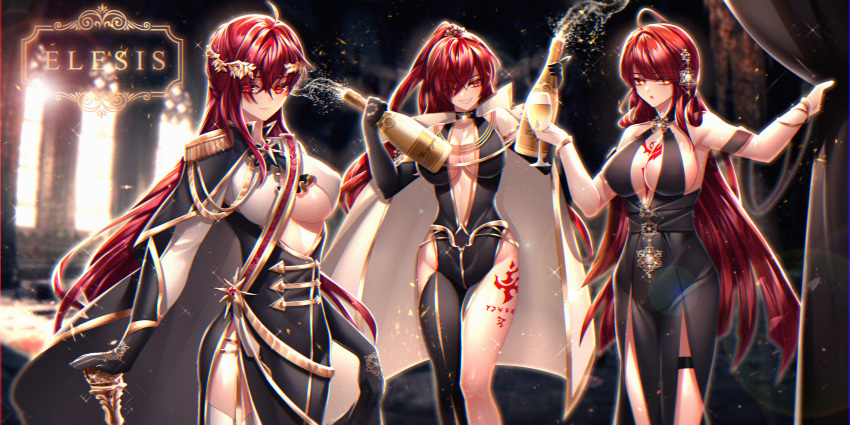 3girls absurdres black_cape black_dress black_gloves bloody_queen_(elsword) blurry blurry_background bottle bracelet breasts cape character_name cleavage closed_mouth collarbone covered_nipples crimson_avenger_(elsword) cup curtains dress elesis_(elsword) elsword flame_lord_(elsword) gloves groin hair_between_eyes hand_on_hilt highres holding holding_bottle holding_cup jewelry large_breasts long_dress long_hair looking_at_viewer multiple_girls red_eyes red_hair revealing_clothes rourou_(been) side_slit sleeveless sleeveless_dress smile standing swept_bangs thigh_strap thighhighs very_long_hair white_legwear