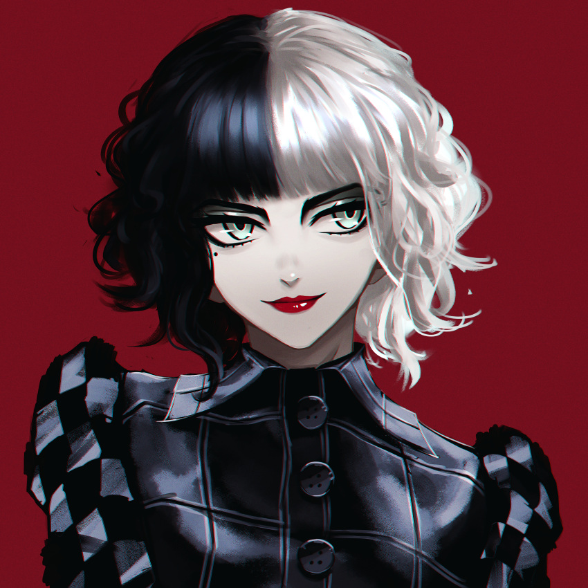 absurdres bad_id bad_pixiv_id black_dress black_hair buttons closed_mouth cruella_(film) cruella_de_vil dress female goth_fashion green_eyes highres jewelry kyonamu lips looking_to_the_side multicolored_hair red_background short_hair smile solo split-color_hair two-tone_hair white_hair