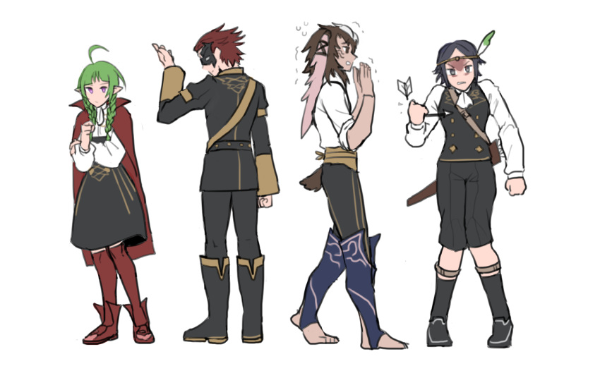 3boys ahoge arrow_(projectile) back blunt_bangs braid cape circlet commentary dobinnim english_commentary feathers female fire_emblem fire_emblem:_three_houses fire_emblem_awakening full_body garreg_mach_monastery_uniform gerome_(fire_emblem) green_hair highres kneehighs looking_at_viewer mask multiple_boys nah_(fire_emblem) noire_(fire_emblem) purple_eyes skirt socks standing twin_braids yarne_(fire_emblem)