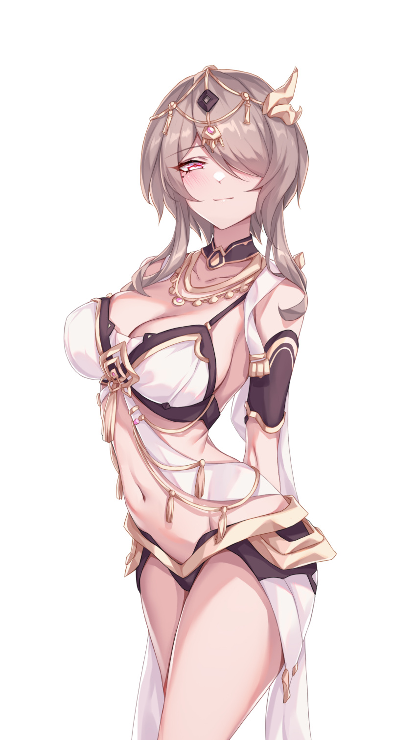 absurdres arms_behind_back breasts brown_hair chinese_commentary circlet cleavage closed_mouth collarbone commentary_request cowboy_shot female hair_over_one_eye highres honkai_(series) honkai_impact_3rd jewelry large_breasts looking_at_viewer navel necklace purple_eyes revealing_clothes rita_rossweisse rita_rossweisse_(eternal_dance)_(honkai_impact) rita_rossweisse_(spina_astera) ruo_zhishi_chu_jian short_hair_with_long_locks sidelocks simple_background smile solo stomach waist_cape white_background