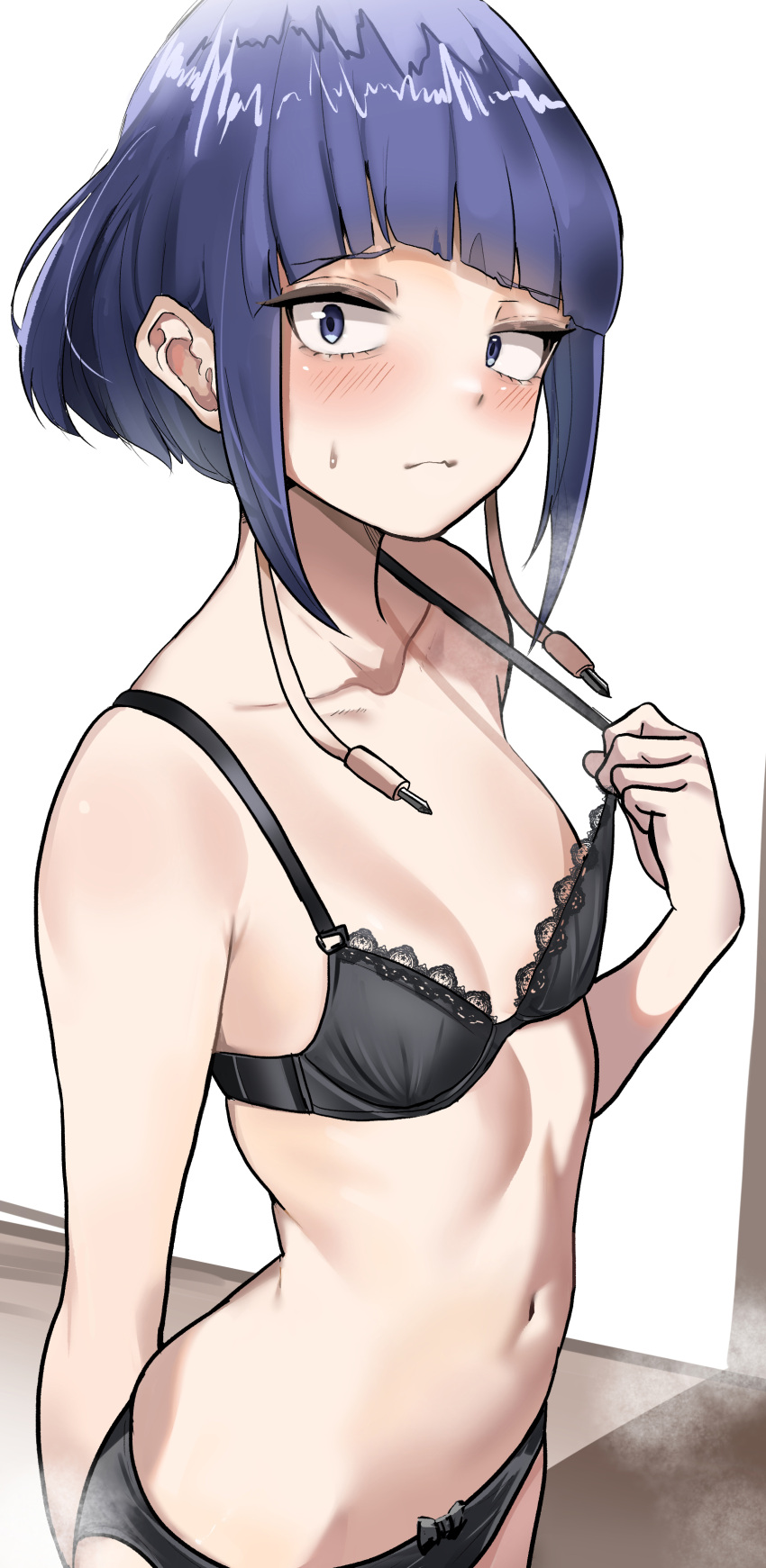 absurdres arm_behind_back audio_jack black_bra black_panties blue_eyes blue_hair blunt_bangs blush boku_no_hero_academia bra breath closed_mouth collarbone commentary female flat_chest from_side highres jirou_kyouka lace-trimmed_bra lace_trim looking_at_viewer looking_to_the_side navel panties pulling_own_clothes short_hair sidelocks solo stomach strap_pull sweatdrop underwear wavy_mouth zd_(pixiv6210083)