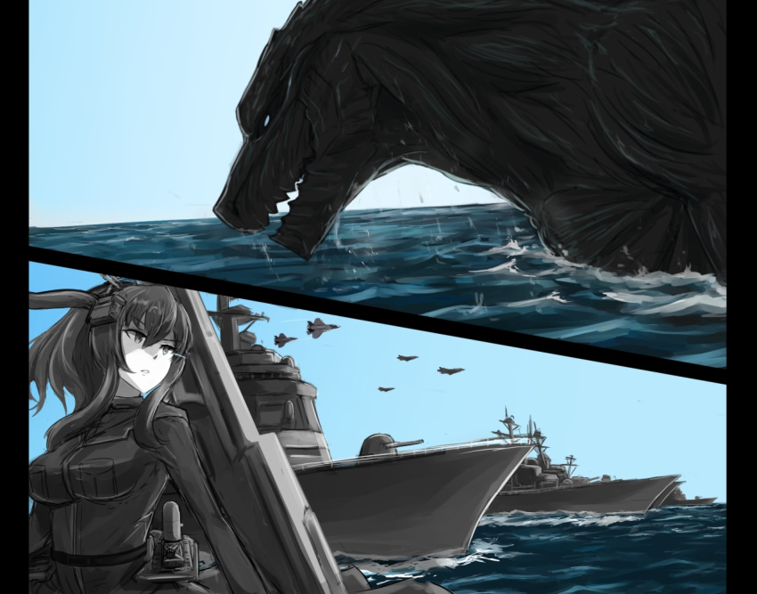 breast_pocket breasts commentary_request crossover dress f-35_lightning_ii female flight_deck giant giant_monster godzilla godzilla:_planet_of_the_monsters godzilla_(series) godzilla_earth hair_ornament high_side_ponytail kaijuu kantai_collection large_breasts long_hair military military_vehicle mizuchi_(mizuchi7118) pocket ponytail rigging saratoga_(kancolle) ship side_ponytail warship watercraft