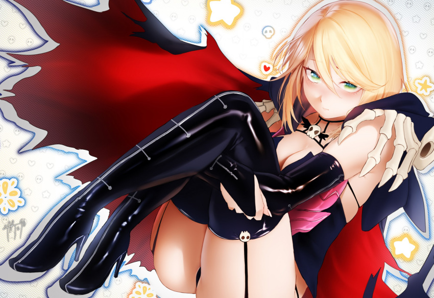 blonde_hair blush boots breasts cape cleavage detached_sleeves female garter_straps green_eyes high_heels highres koi_wa_sekai_seifuku_no_ato_de large_breasts looking_at_viewer magahara_desumi short_hair solo thigh_boots thighhighs zasshu