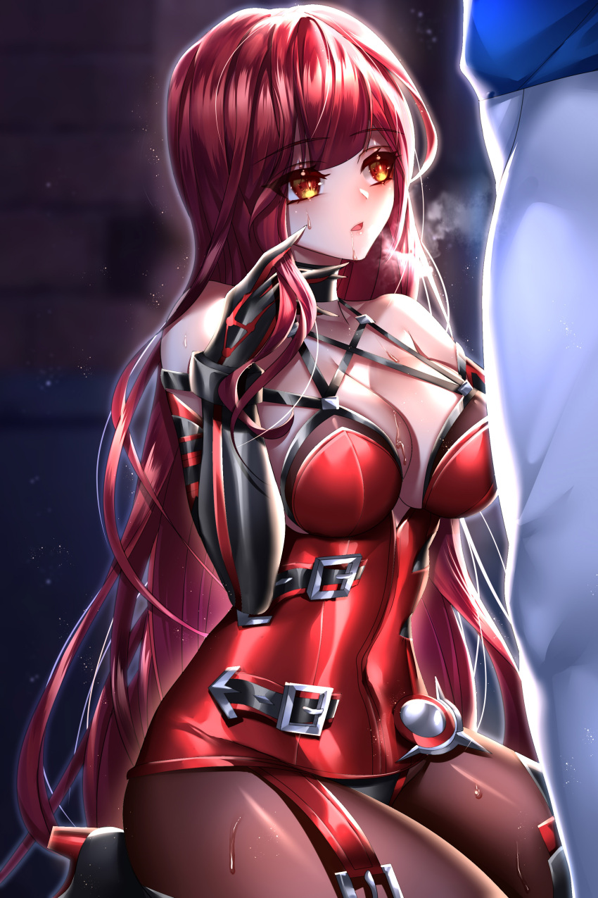 absurdres black_gloves blush breasts brown_legwear cleavage collarbone crimson_avenger_(elsword) criss-cross_halter elbow_gloves elesis_(elsword) elsword female gloves hair_between_eyes halterneck high_heels highres imminent_fellatio kneeling large_breasts leotard long_hair open_mouth pants pantyhose red_hair red_leotard rourou_(been) solo_focus standing straight sweatdrop very_long_hair white_pants yellow_eyes